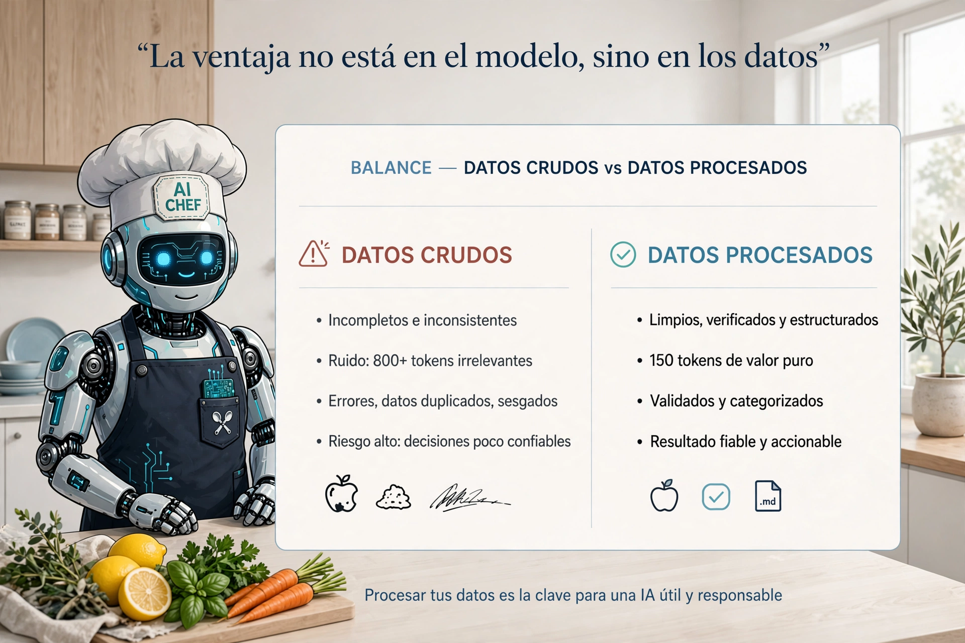 Infografía: Balance final - datos crudos vs datos procesados. Se compara ruido, coste y confiabilidad, destacando la ventaja de los datos procesados