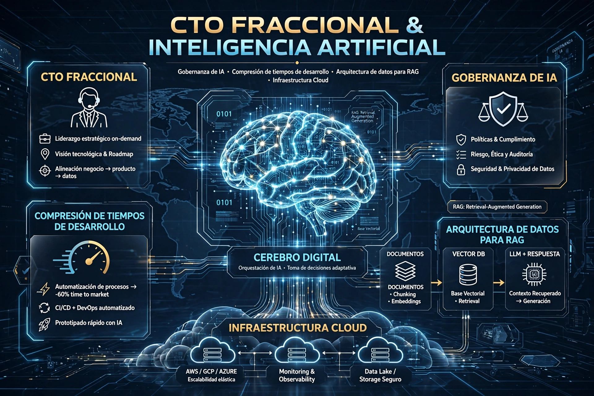 CTO Fraccional liderando gobernanza de IA y arquitectura de datos