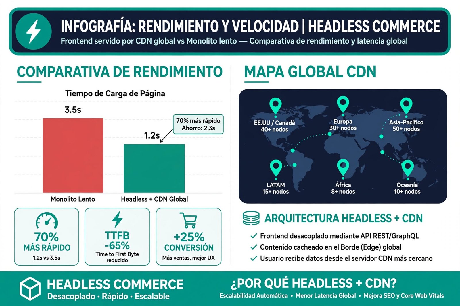 Rendimiento Headless Commerce CDN 1.2 segundos vs monolito 3.5 segundos