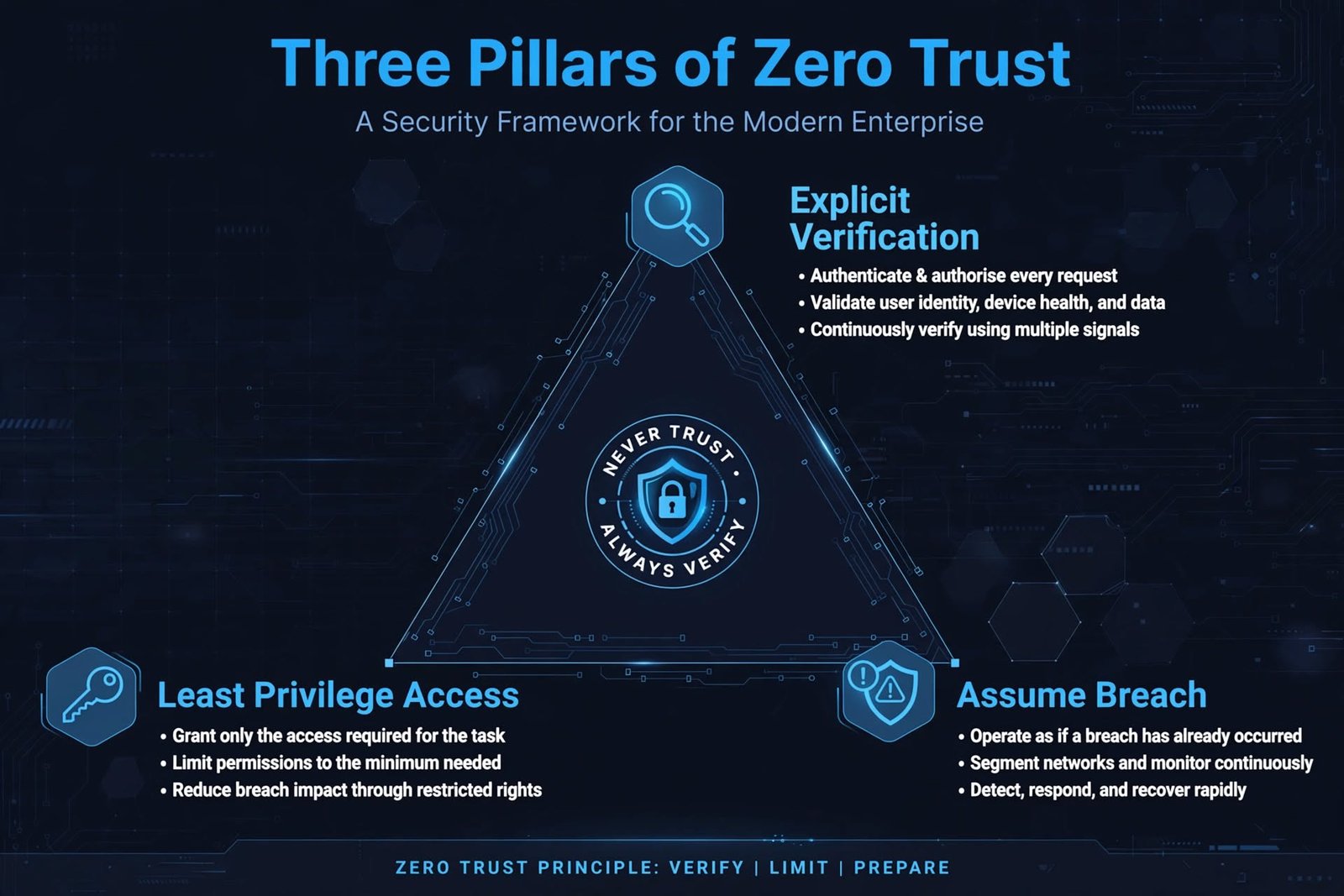 Diagram illustrating the three pillars of Zero Trust