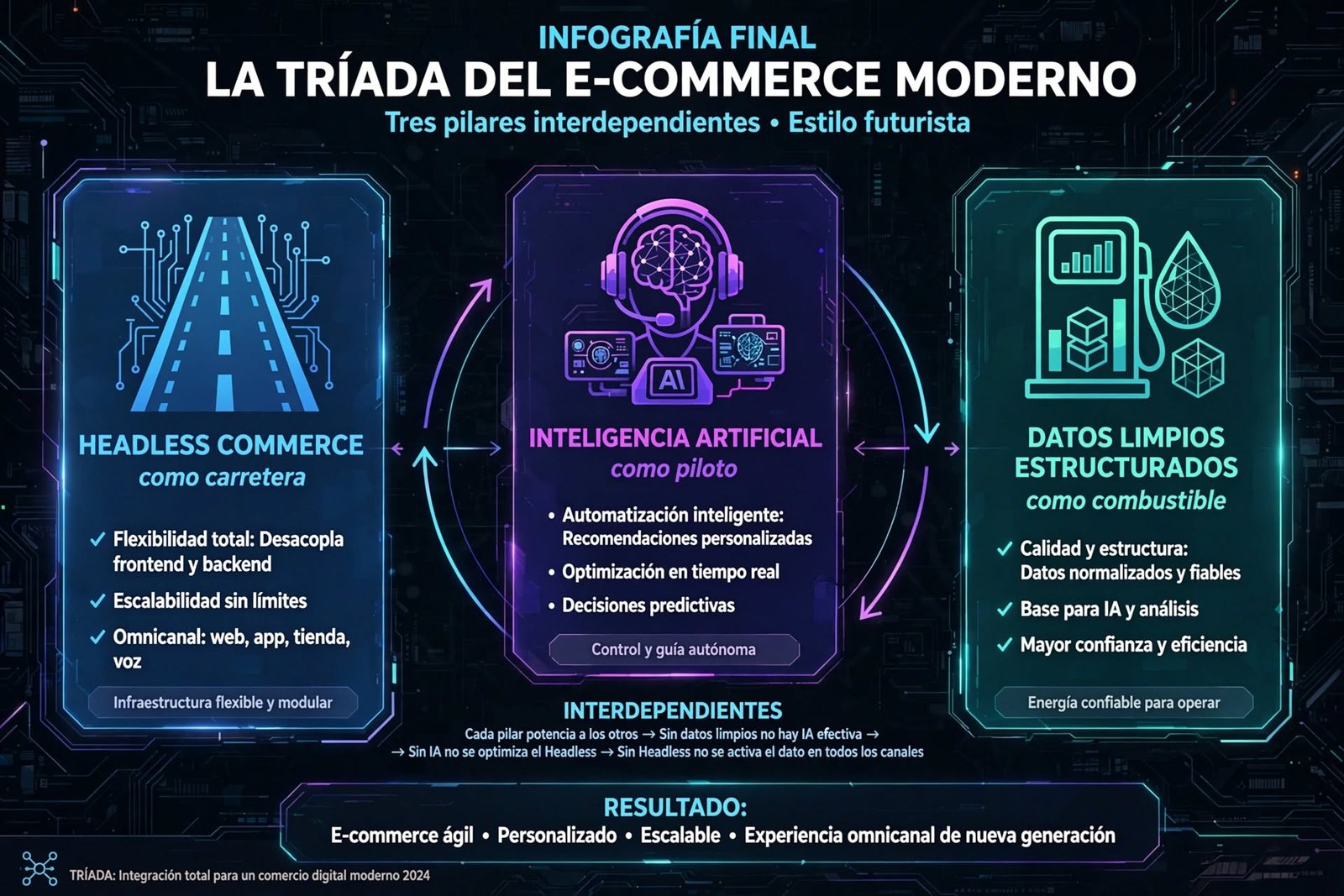 Triada e-commerce moderno Headless Commerce IA Datos Limpios combustible